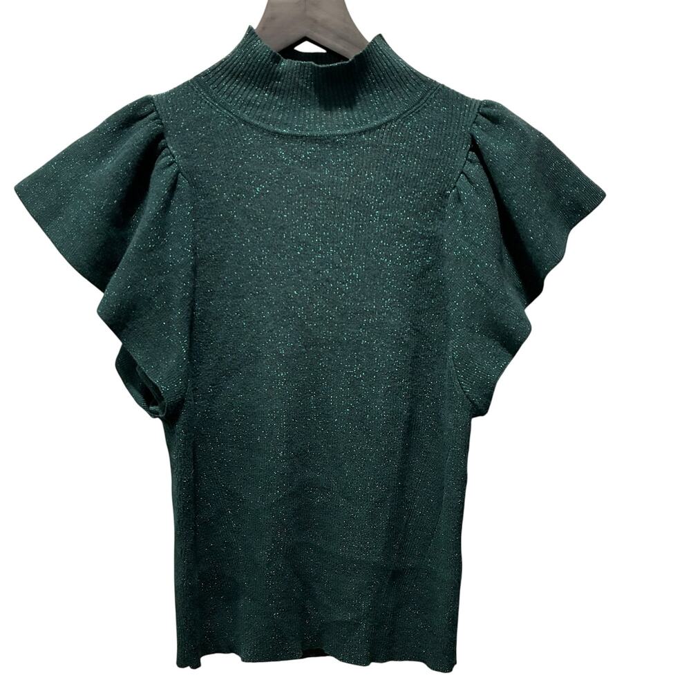 Anthropologie Maeve Sparkle Top Flutter Sleeve Open Back Knit Sweater Green Sz S